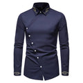 Contemporary men's shirt featuring oblique buttons and delicate embroidered accents