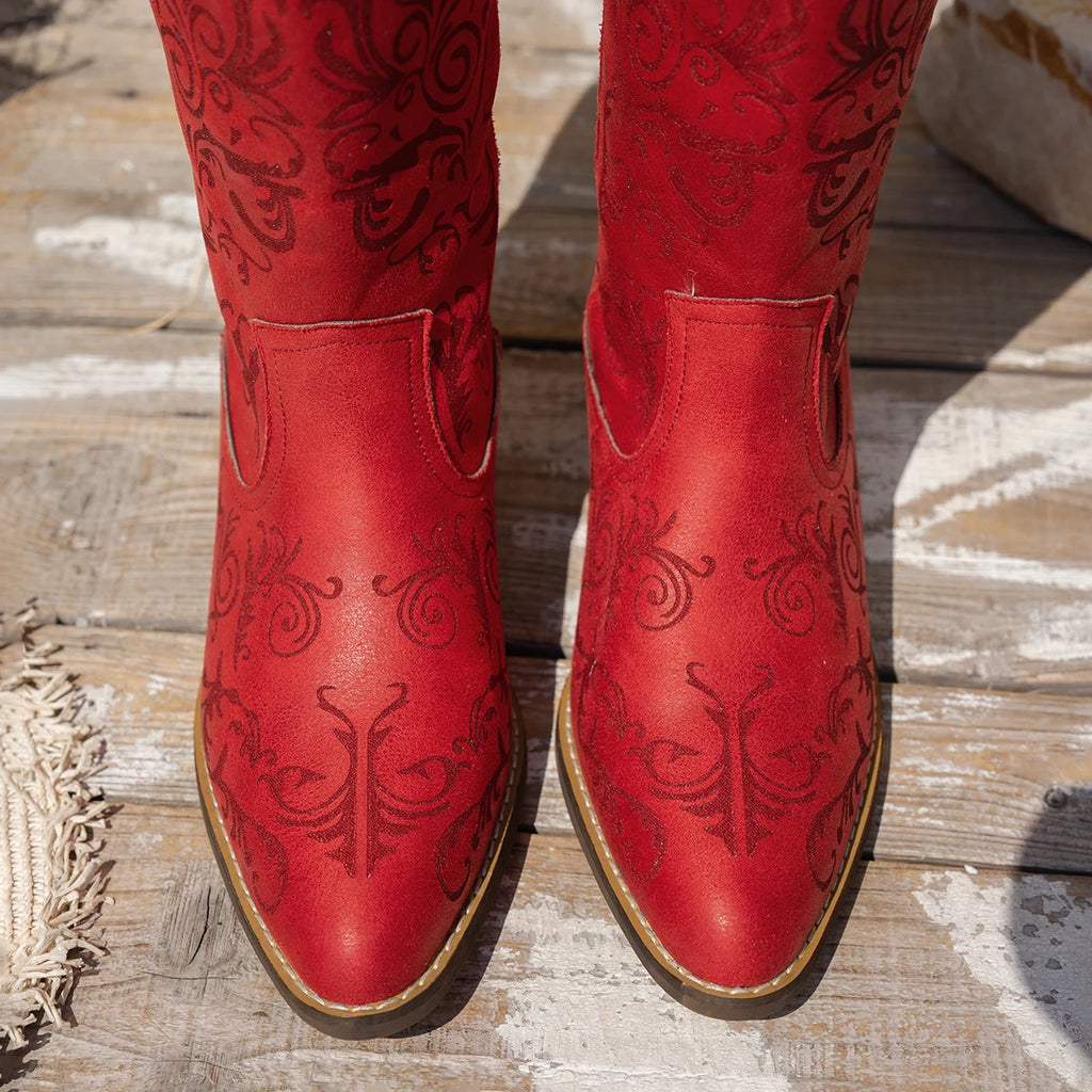 Bohemian mid-calf boots with decorative embroidery and comfortable fit