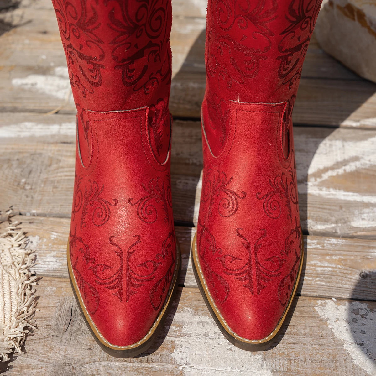 Bohemian mid-calf boots with decorative embroidery and comfortable fit