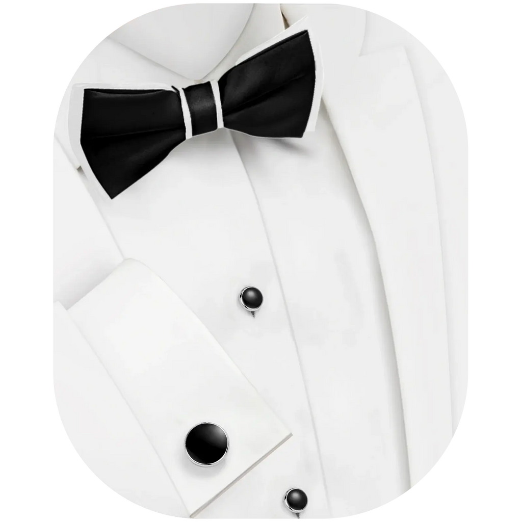 Stylish black tie with matching cufflinks for a unified elegance.