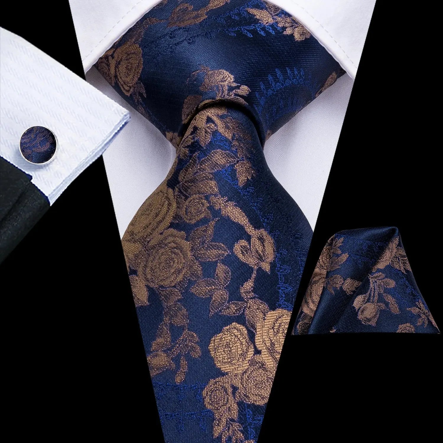 Complete tie set with matching cufflinks and handkerchief.