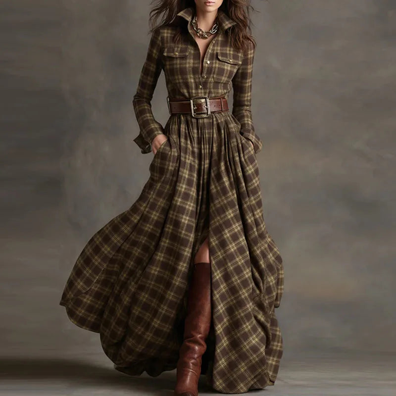 Flat lay of the Autumn Whisper Maxi dress emphasizing its timeless plaid pattern.