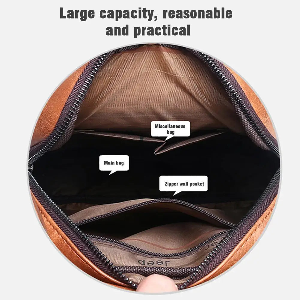 Brown crossbody bag flat lay showing compact size and functional pocket arrangement