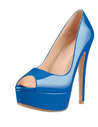 High heel nude patent platform stilettos with peep toe and cushioned platform technology
