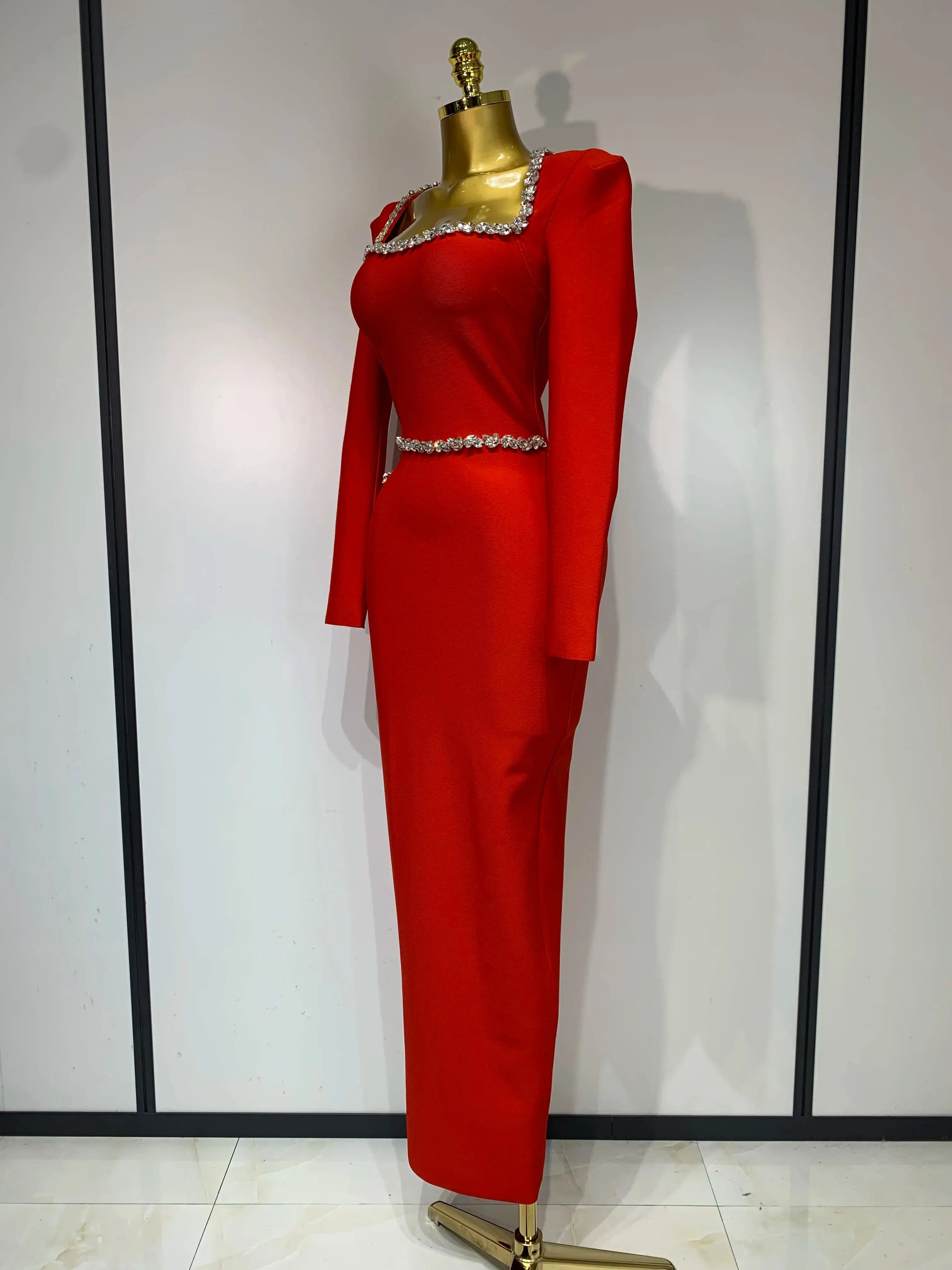 Close-up of beaded detail on the Captivate the Room red dress, showcasing glamour and elegance.