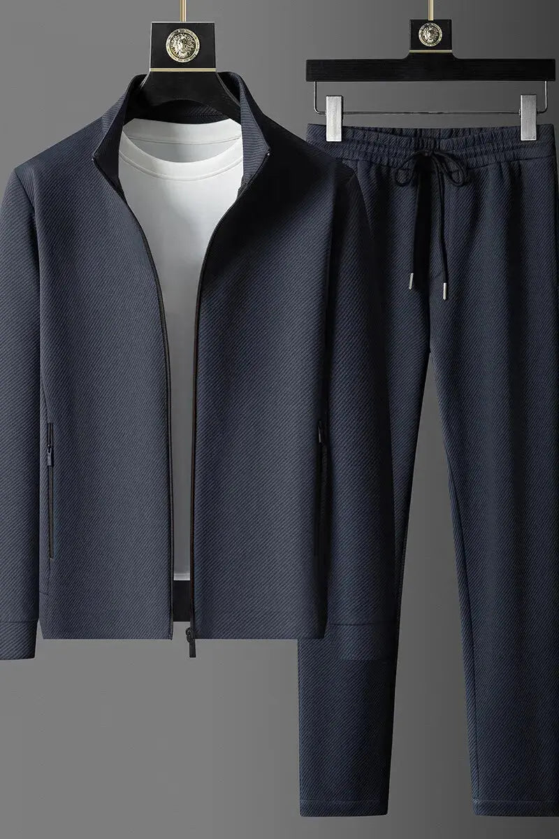 Men's casual trousers paired with a stylish zippered jacket for effortless looks.