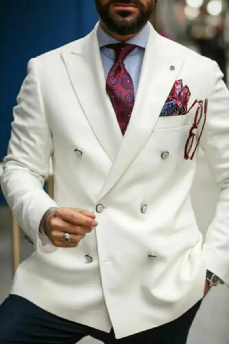 Model wearing the crimson wedding blazer, demonstrating its versatility for formal events and gatherings.