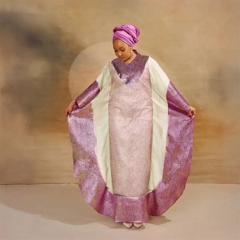 Elegant two-piece jacquard ensemble featuring flowing robe and coordinating headscarf in pink polyester