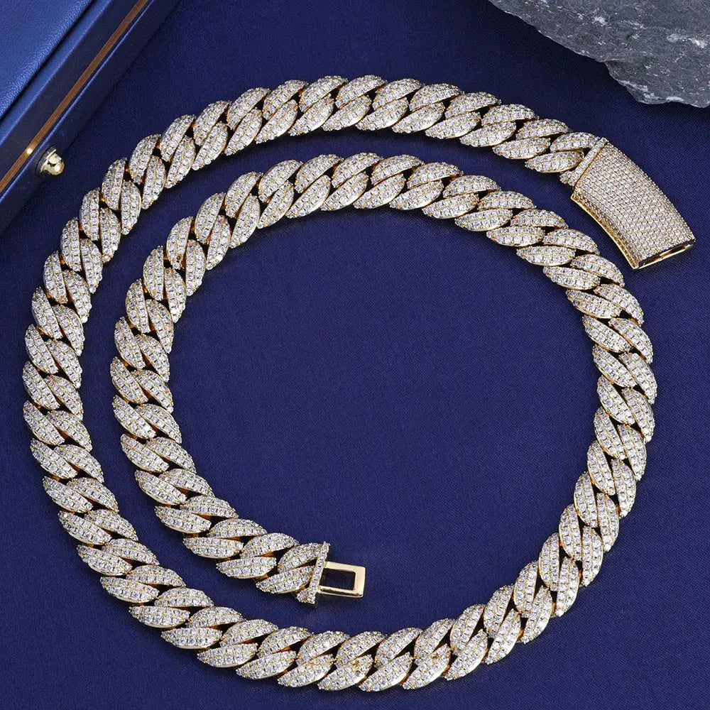Iced Miami Cuban chain necklace with hand-set cubic zirconia stones in gold finish on white background