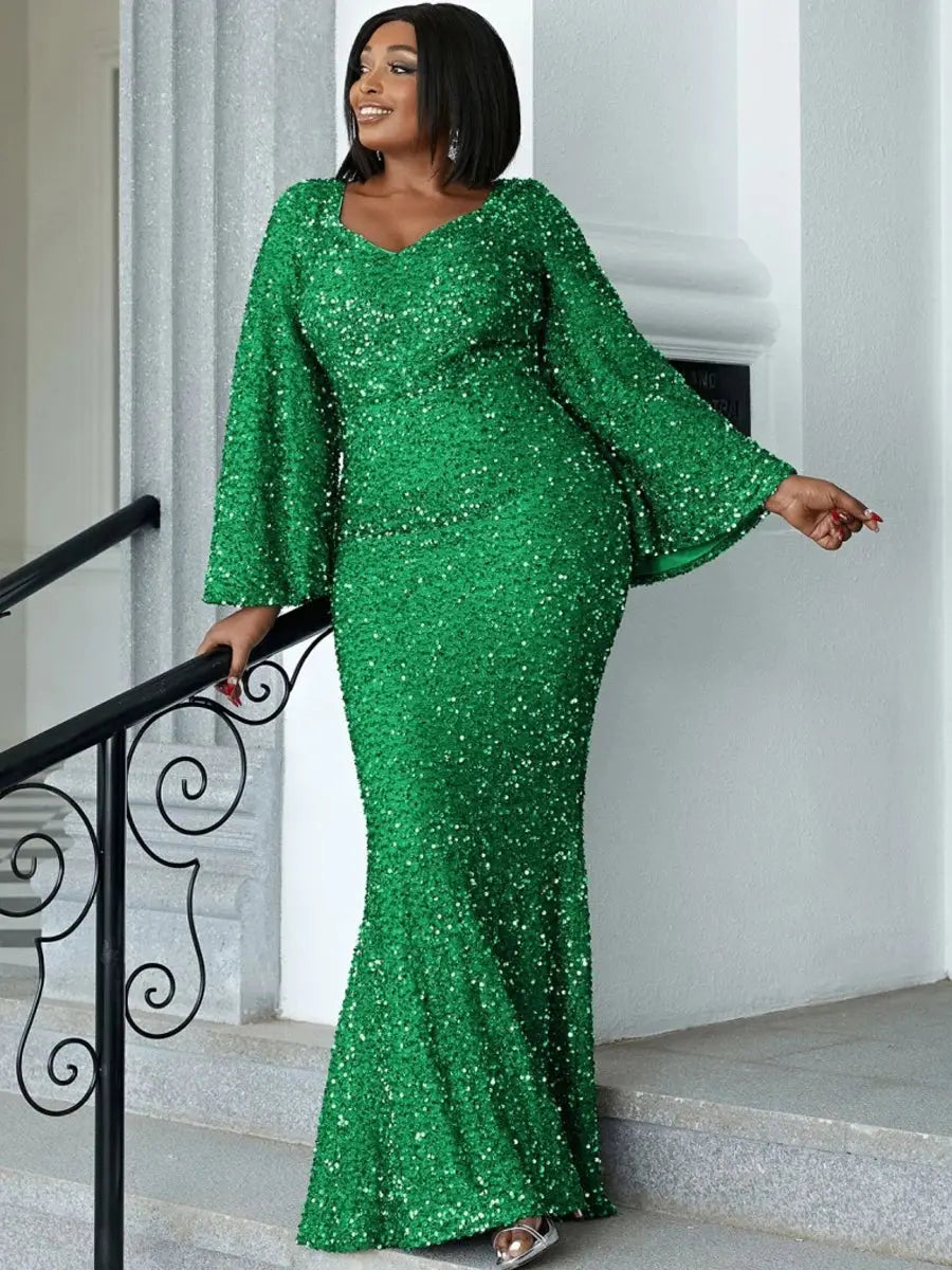 Back view of the gray evening gown showcasing its elegant silhouette.