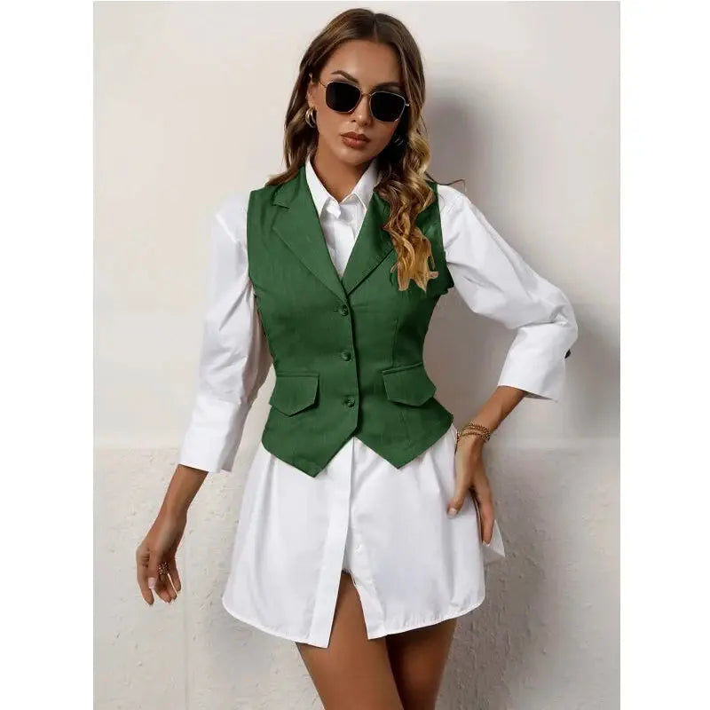 Model wearing the vest with tailored trousers, showcasing a complete business attire look.
