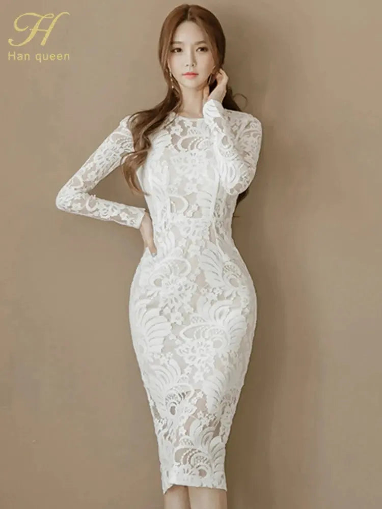 Elegant white lace dress with tailored fit, perfect for boardroom or evening events.