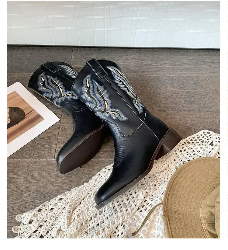 Genuine leather Western boots showcasing intricate embroidery and square toe comfort