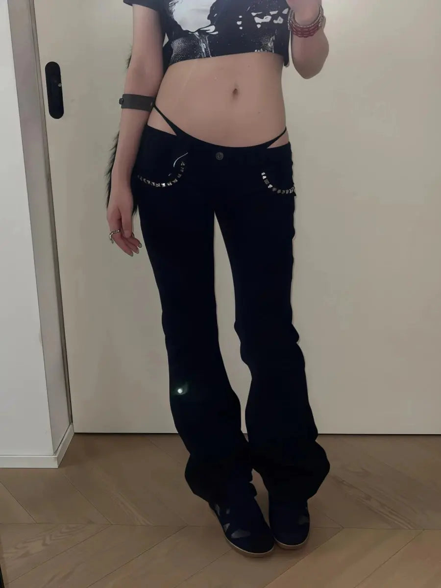 Women's high-stretch bell-bottom jeans in deep indigo with elongating flare and supportive denim construction