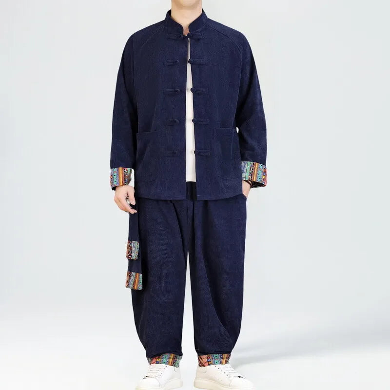 Autumn Whisper suit in rich corduroy with elegant Chinese embroidery details.