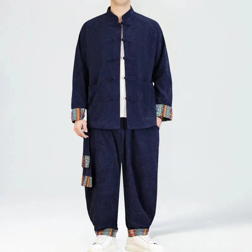 Autumn Whisper suit in rich corduroy with elegant Chinese embroidery details.