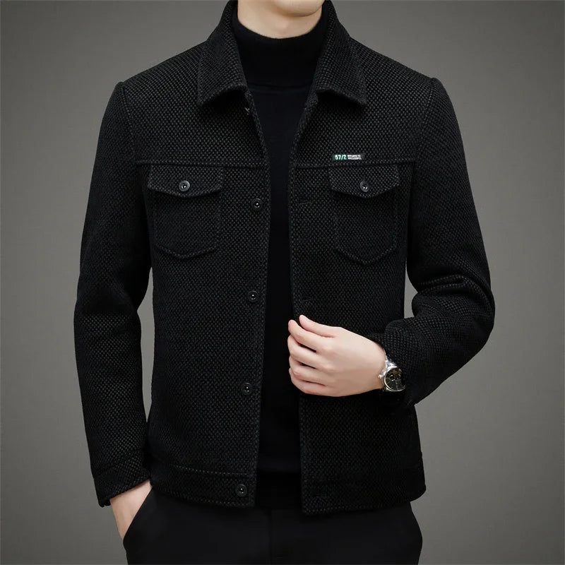 Close-up of the single-breasted closure on the Autumn Whisper coat, showcasing its sleek and stylish look.