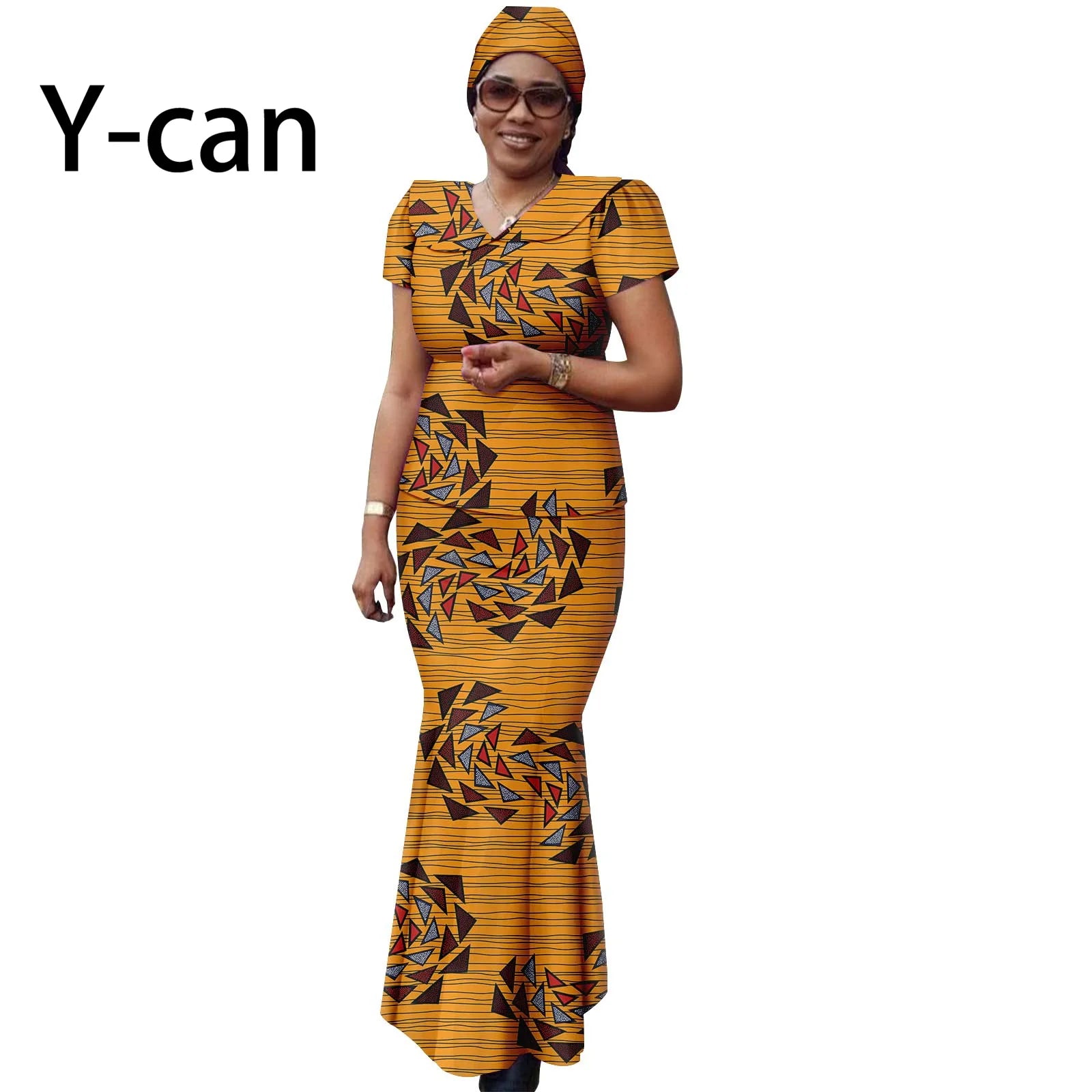 African Women Ankara Print Doll Collar Top, Skirt & Headscarf 3-Piece Set