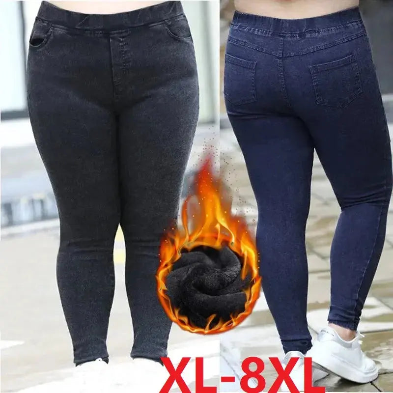 High-waisted velvet-lined jeans in deep navy, perfect for winter chic style.