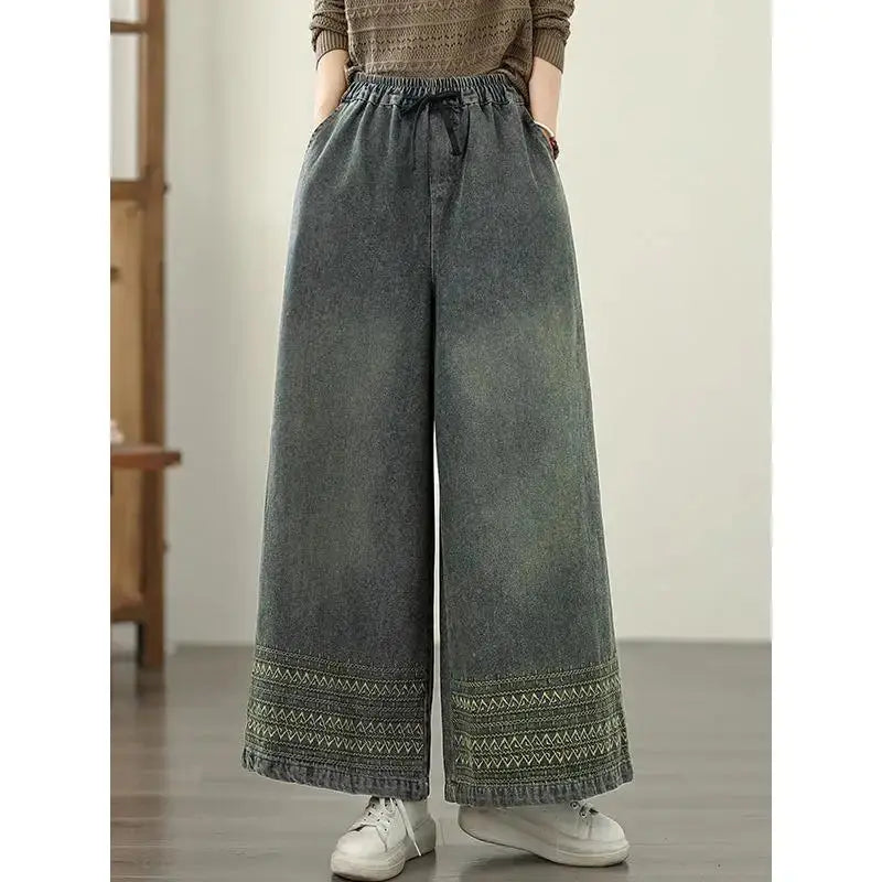 Close-up of embroidered patterns on Bohemian Rhapsody Denim.