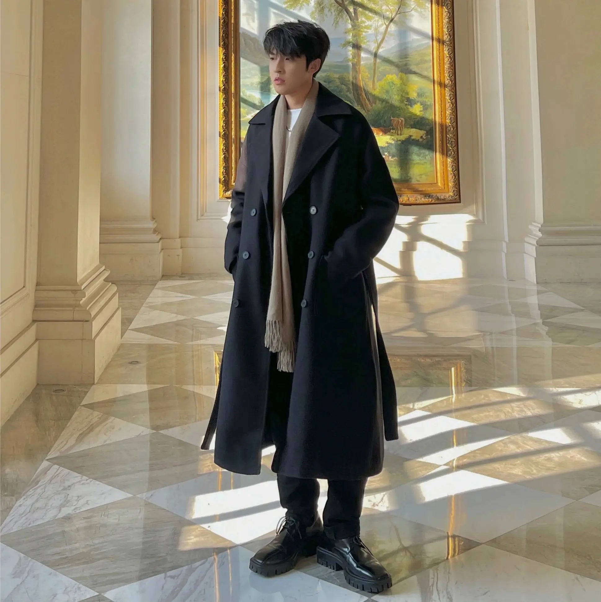 Men's double-breasted wool blend coat in classic black, perfect for winter sophistication.