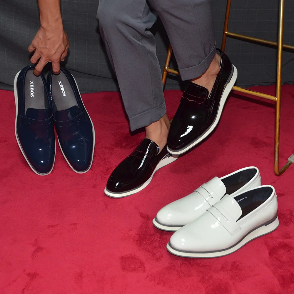 Slip-on dress shoes with luxurious patent leather exterior