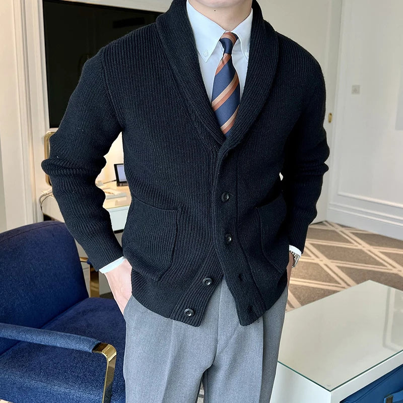 Model wearing the Autumn Aura Cardigan, styled for a casual coffee run in autumn.