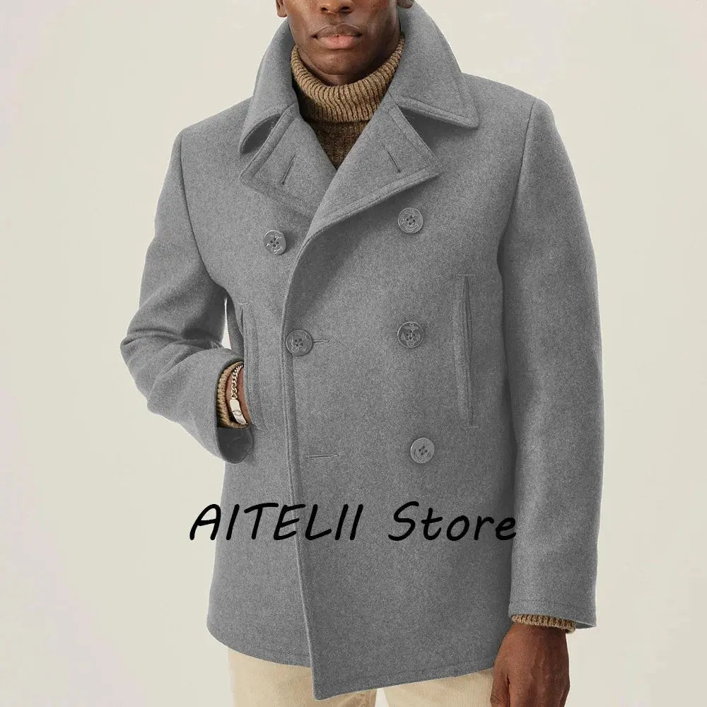 Winter coat displayed on a hanger, showcasing its classic double-breasted style.
