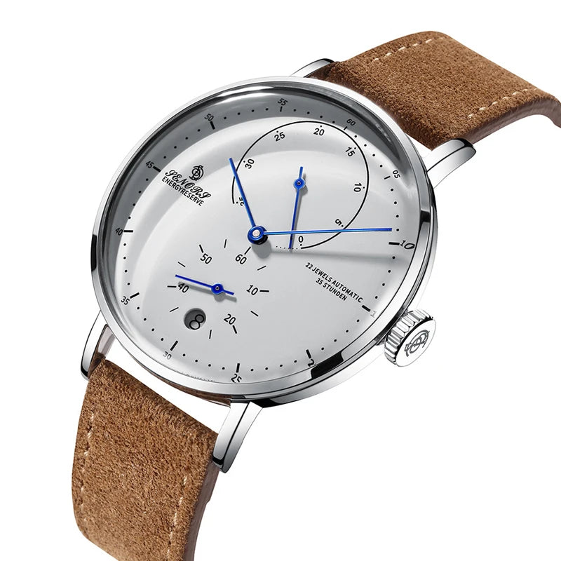 Close-up of a stainless steel watch with a sleek numberless dial and leather band.