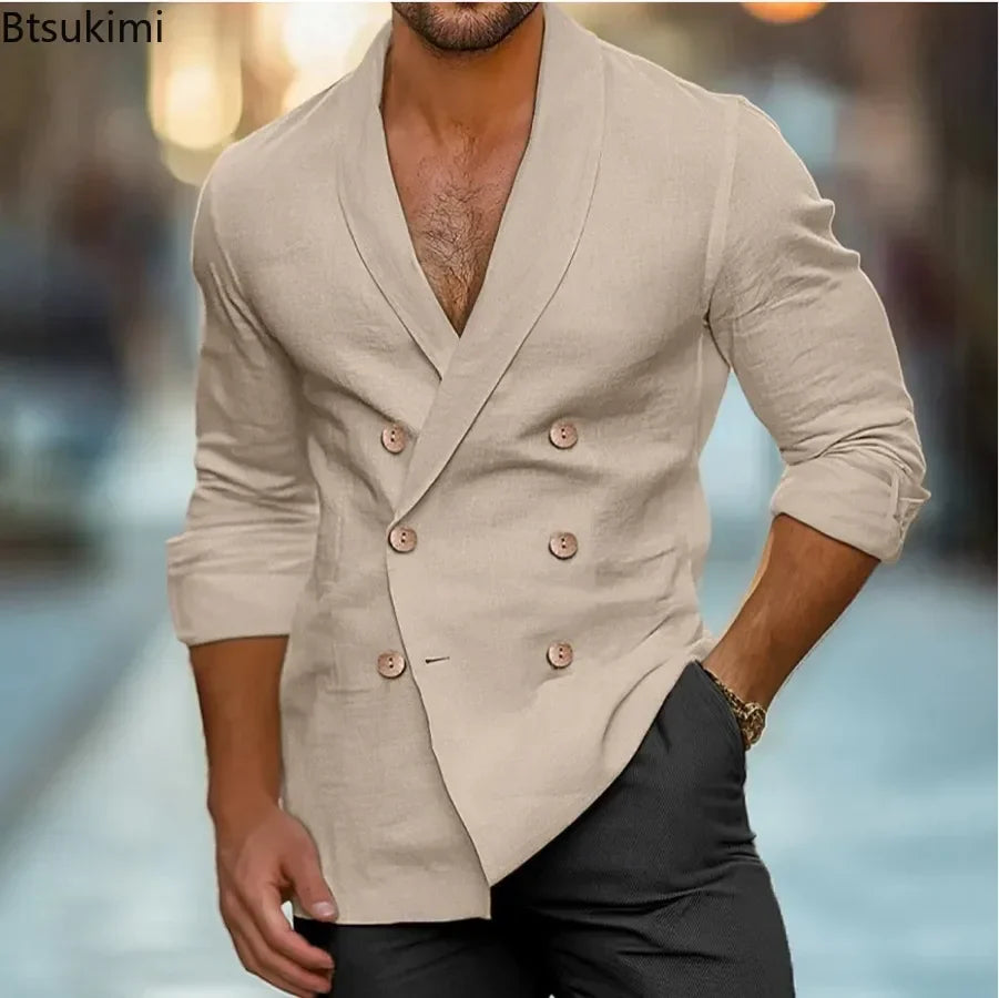 Model wearing a modern double-breasted blazer, showcasing sharp silhouette.