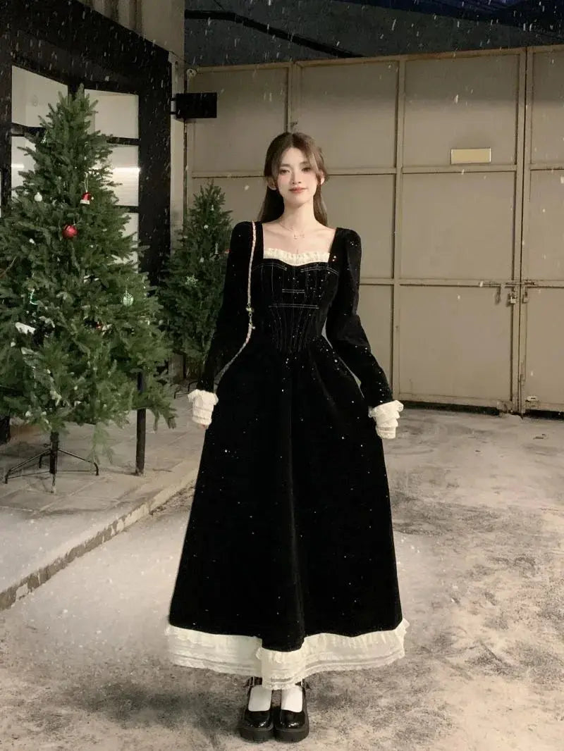 Midnight Whispers Velvet Dress styled for autumn, paired with a cozy shawl.