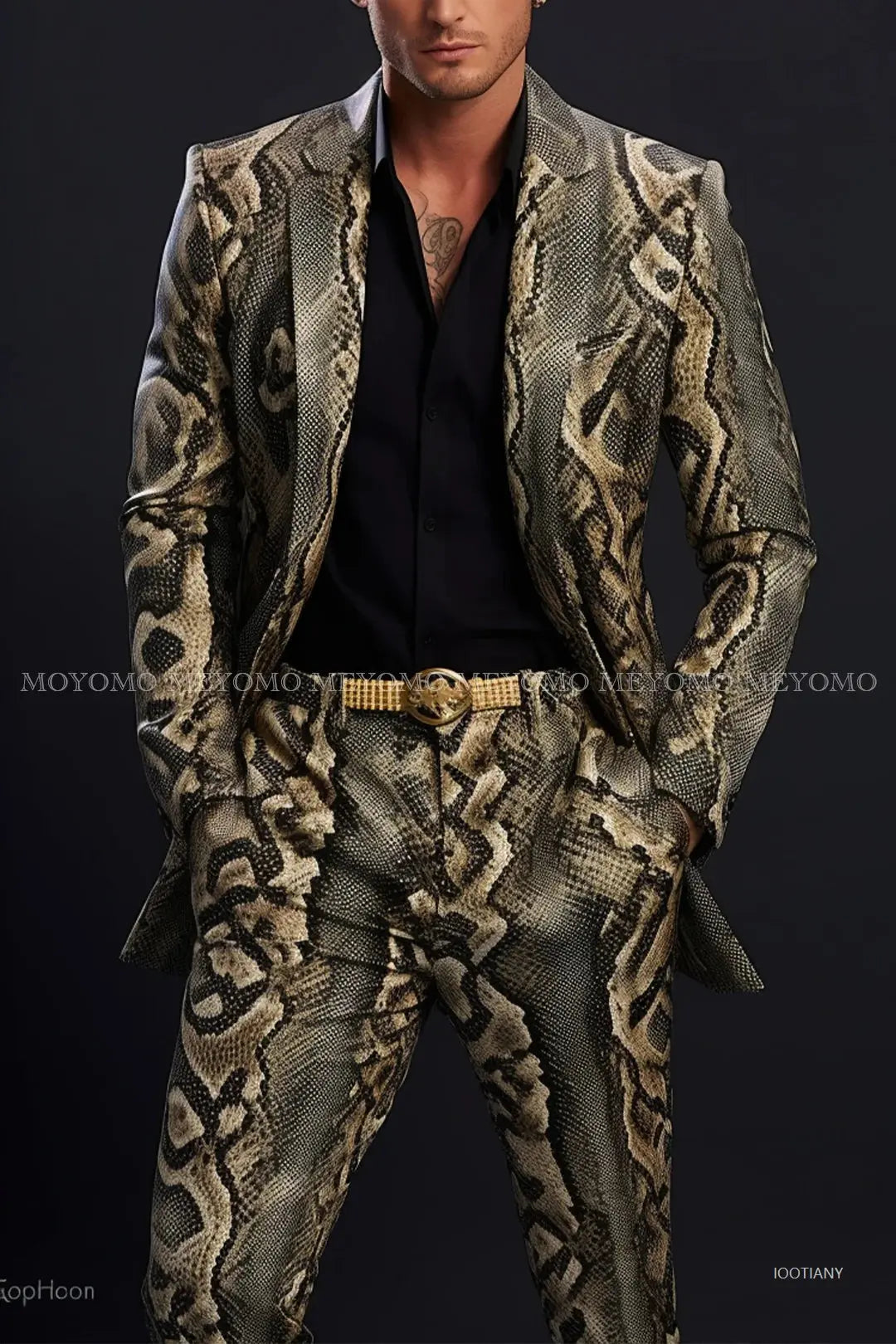 Full view of summer-weight lizard print suit ensemble ideal for stage performances and high-stakes business events