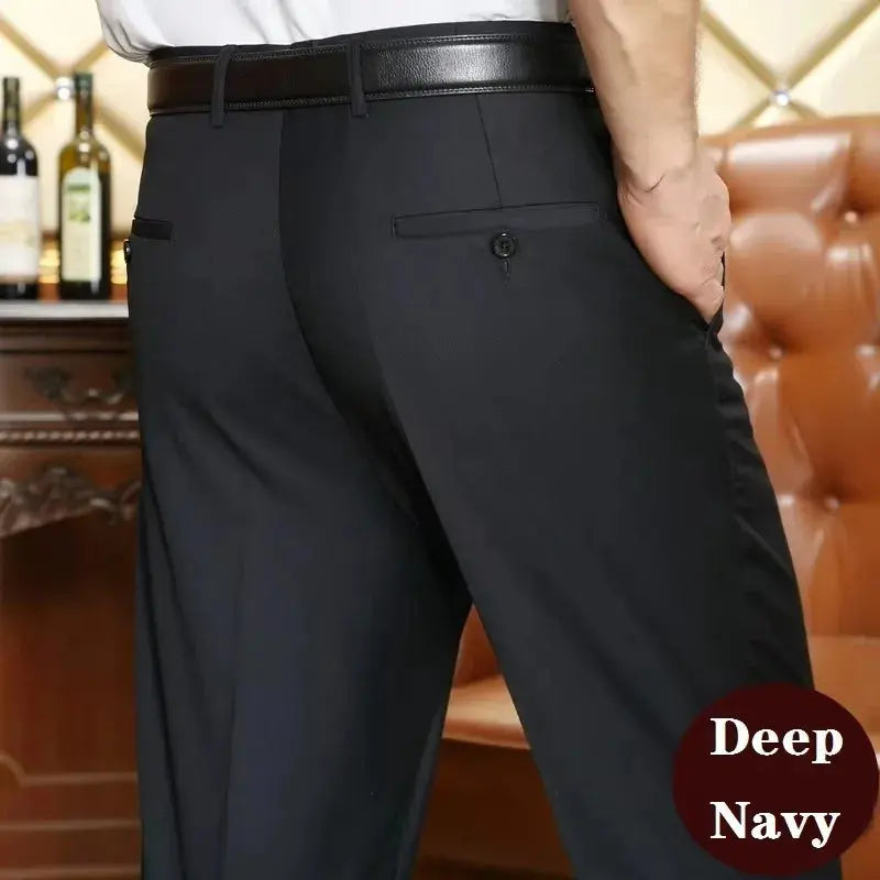 Durable high-waist trousers made from a soft polyester and viscose blend.