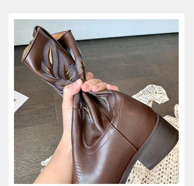Square toe boots with Western embroidery perfect for pairing with denim and dresses