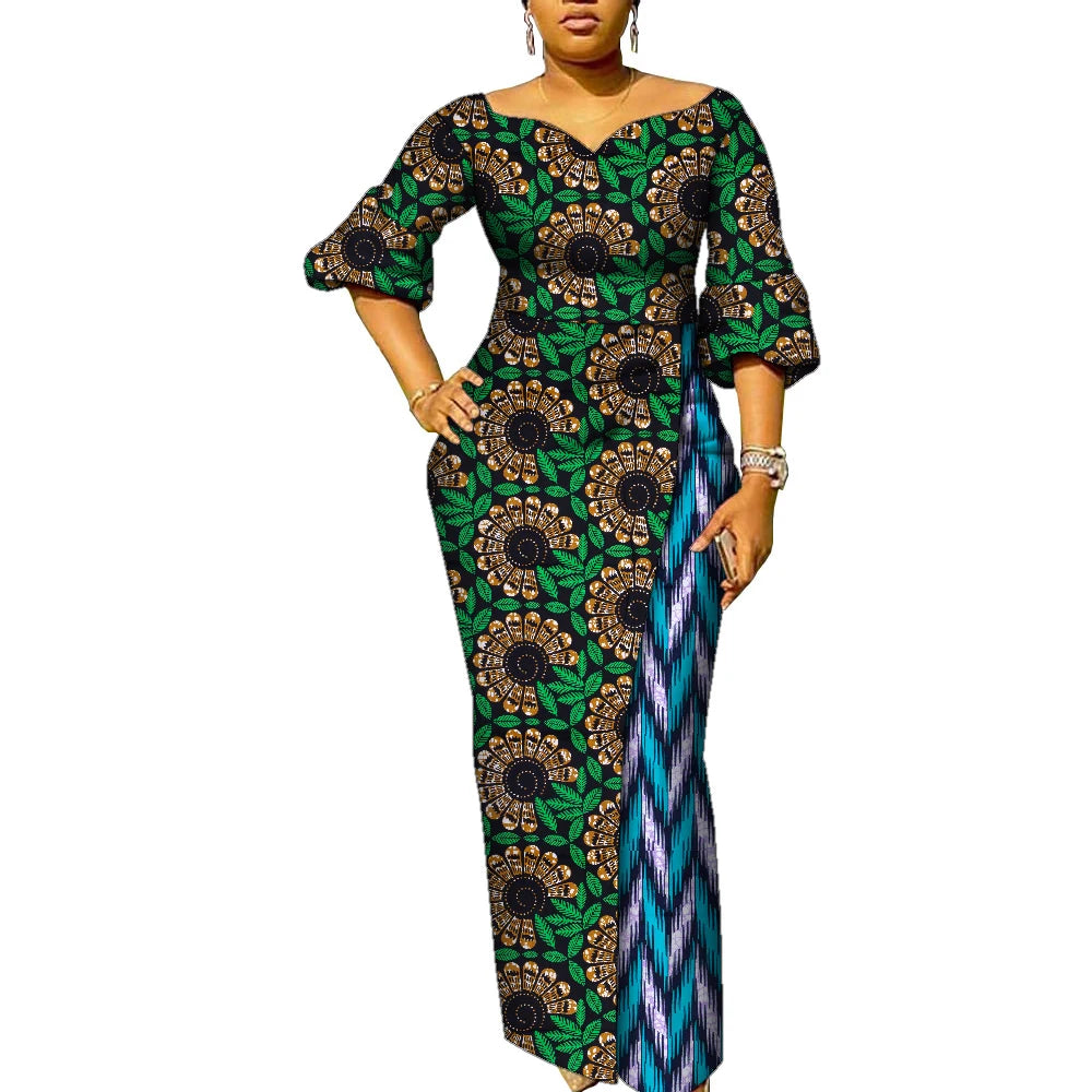 African Dresses for Women Patchwork Ankara Dress Lantern Sleeves Maxi Dress Women Party Dress Lady African Clothes WY9937