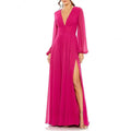 Fuchsia Twilight gown in soft chiffon with elegant A-line silhouette and V-neck design.