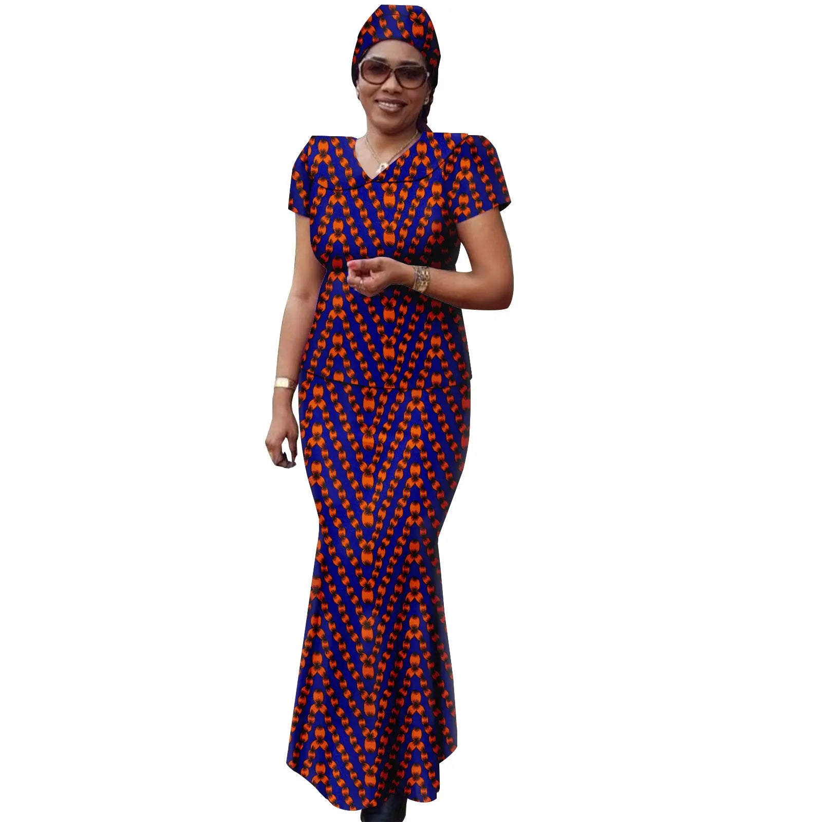 African Women Ankara Print Doll Collar Top, Skirt & Headscarf 3-Piece Set