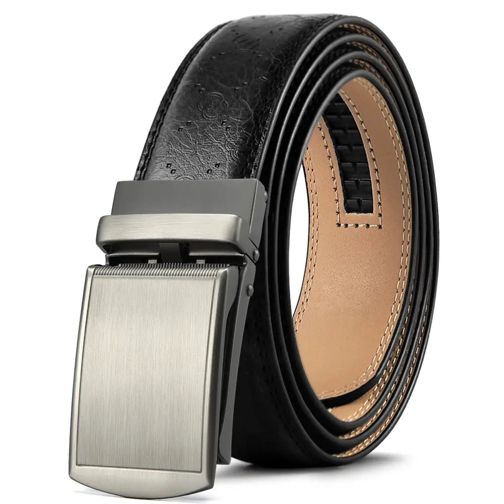 Close-up of the automatic buckle on a stylish leather belt, showcasing its modern design.