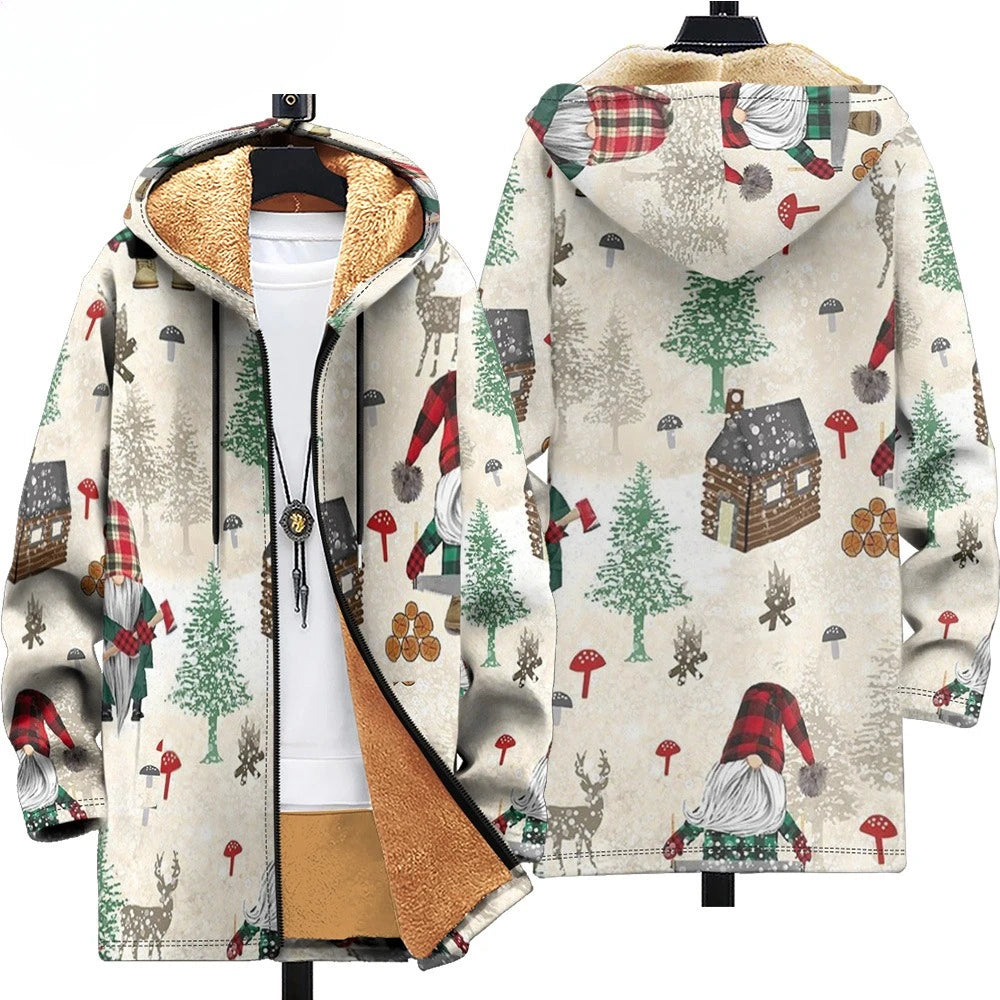 Hooded art-print jacket with thick insulation and soft interior for cold weather