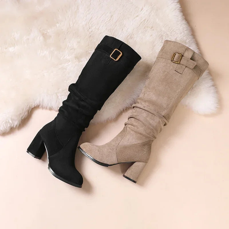 Square heel suede boots with waterproof technology and classic mid-calf height