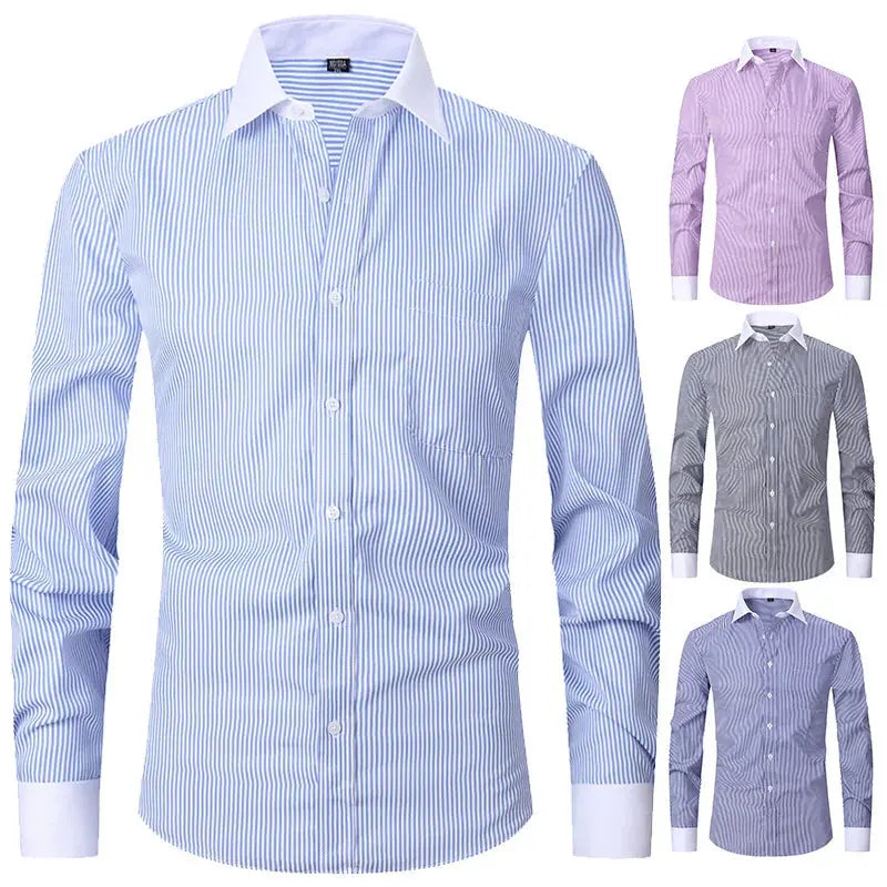 Signature white shirt with French cuffs and sharp stand collar.