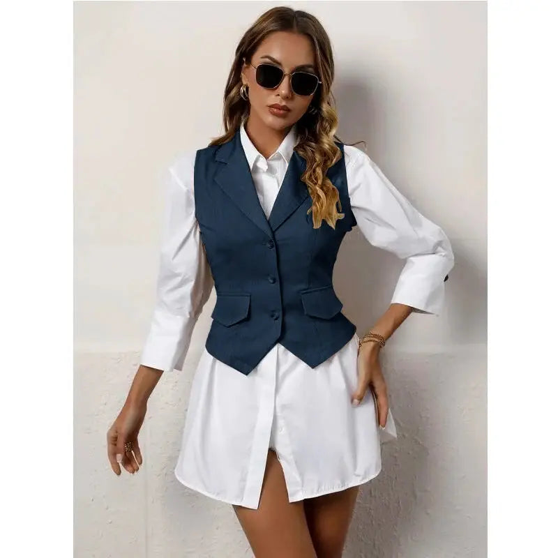 Model wearing the vest in a casual office environment, demonstrating its versatility.