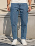 Blue denim jeans with a loose fit for comfort and style.
