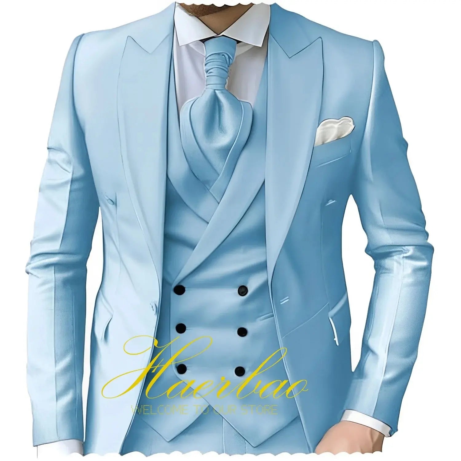 Navy peak lapel suit hanging elegantly, perfect for autumn and spring events.