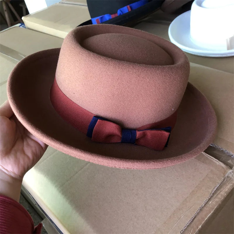 Detail of the breathable fabric blend of the fedora.