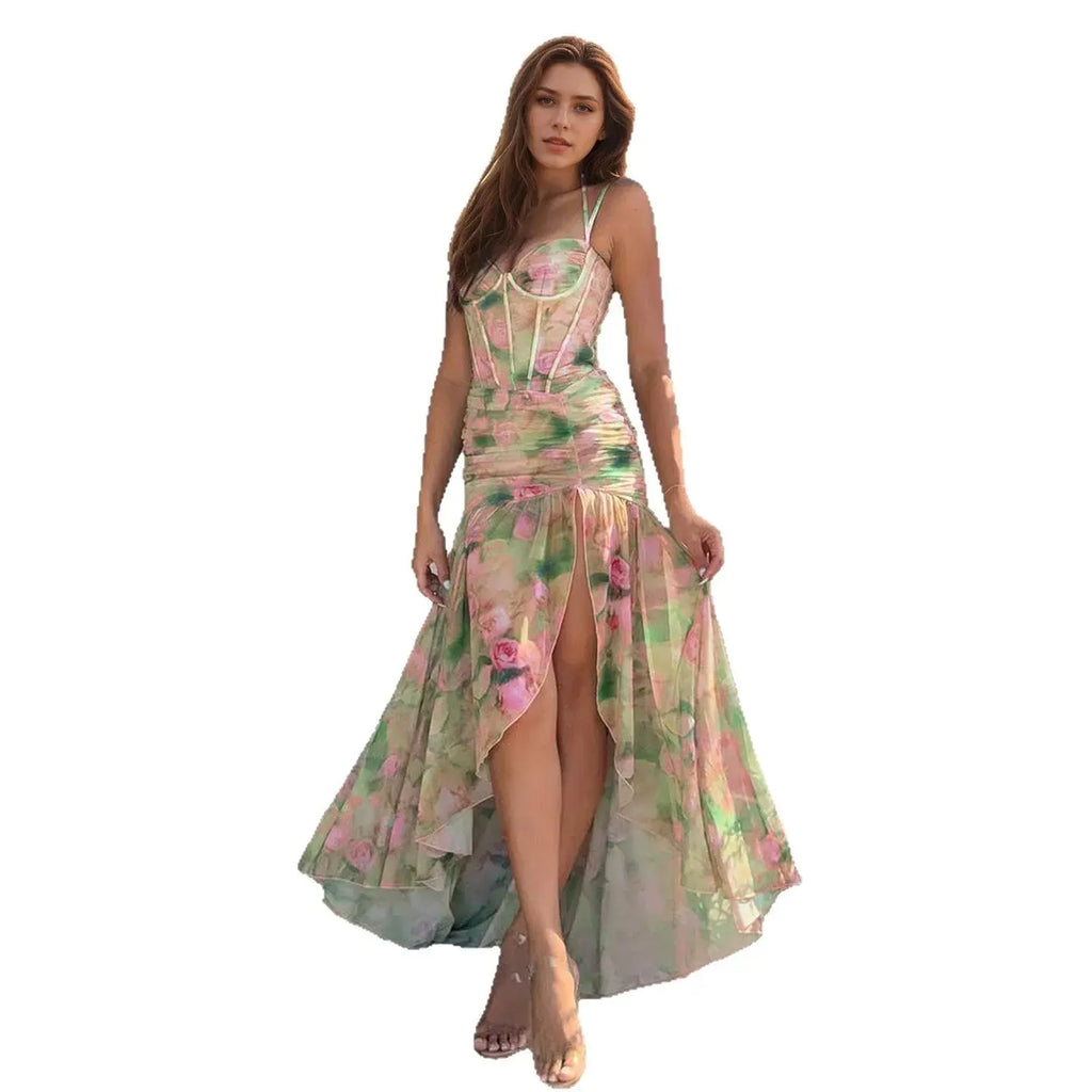 Twilight-inspired print on the Sunset Soirée Mesh Dress, perfect for casual elegance and formal occasions.