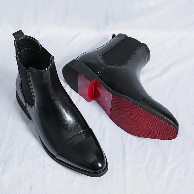 Black Chelsea boots with red sole for men, slip-on design with elastic side panels for professional wear