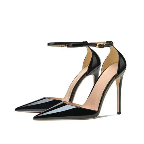 Back view of elegant stiletto pumps with secure ankle straps.