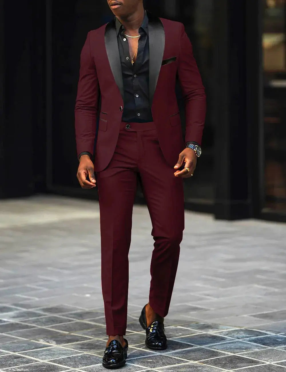 Elegant black suit paired with a crisp white shirt for a classic look.