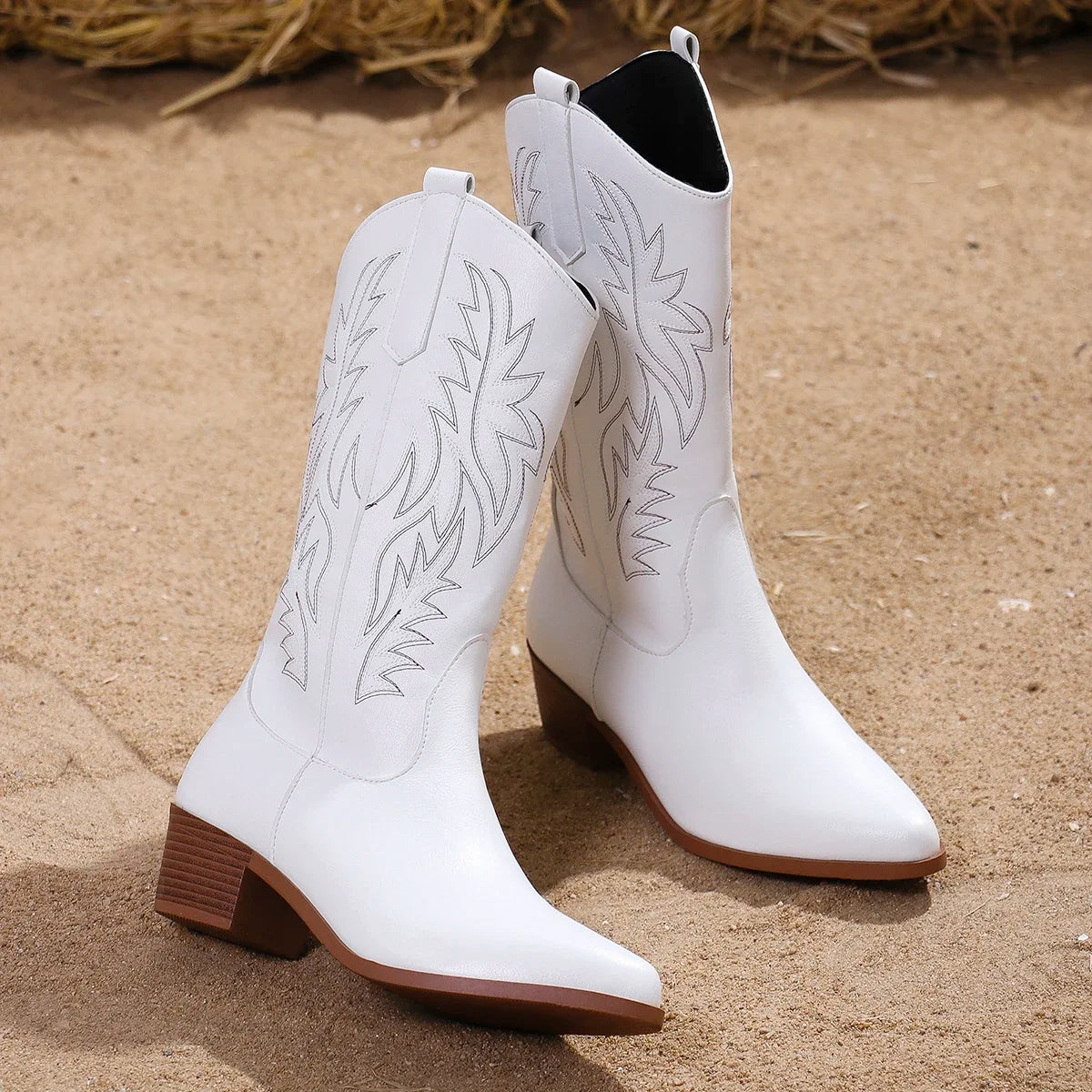 Chunky heel cowgirl boots with waterproof material and authentic Western embroidery
